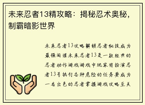 未来忍者13精攻略：揭秘忍术奥秘，制霸暗影世界